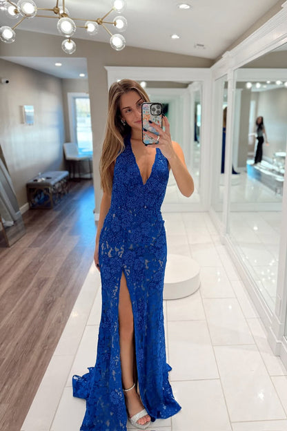 Charming Mermaid V Neck Royal Blue Lace Prom Dress