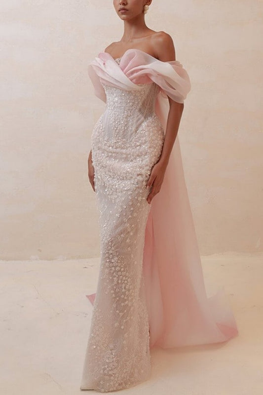 Blushing Pink Off-the-Shoulder Prom Dress