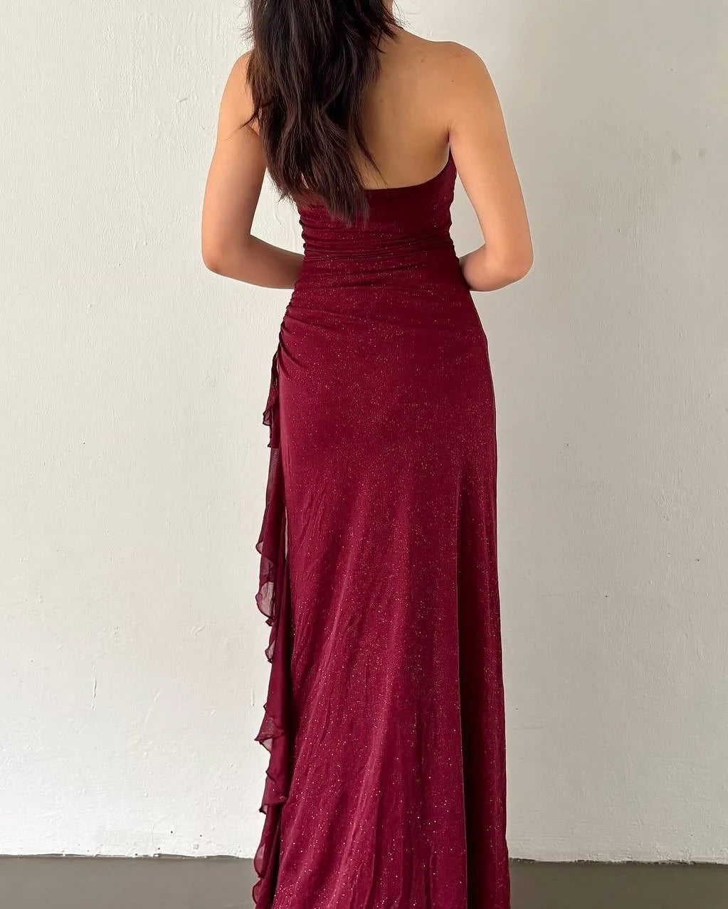 Charming V-Neck Halter Burgundy Ruffles Prom Dress ZT0740