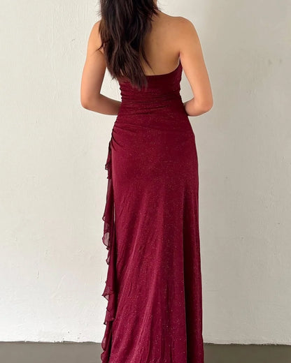 Charming V-Neck Halter Burgundy Ruffles Prom Dress ZT0740