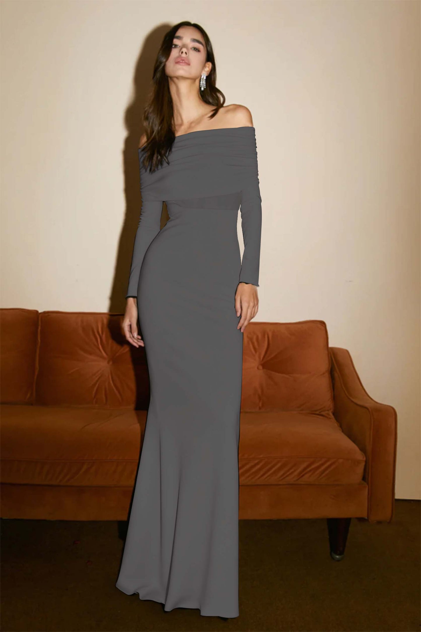 Strapless Long Sleeves Long Pleated Mermaid Prom Dress