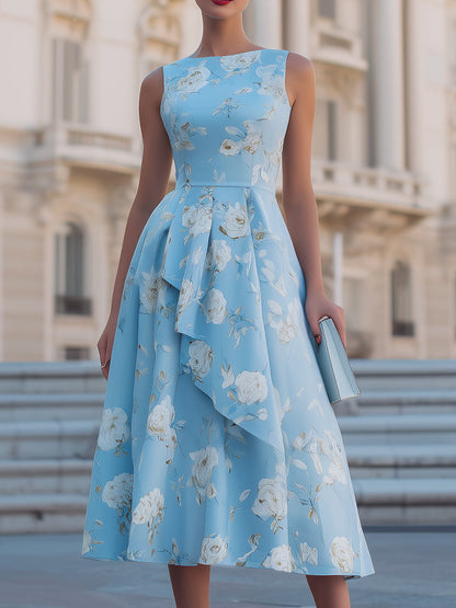 Sky Blue Floral Print Sleeveless Draped Fit-and-Flare Midi Dress