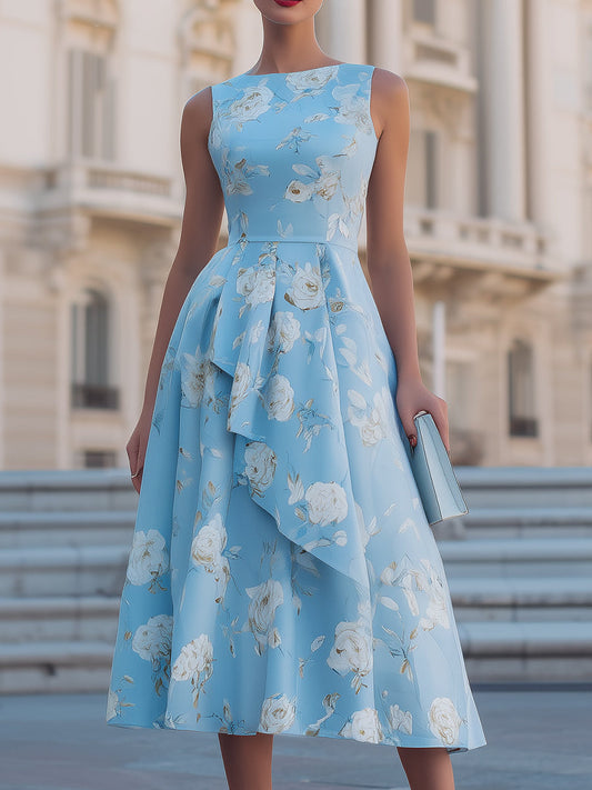 Sky Blue Floral Print Sleeveless Draped Fit-and-Flare Midi Dress
