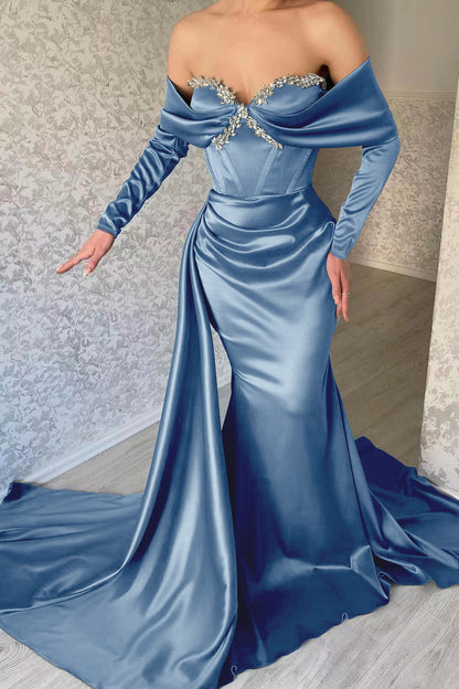 Sweetheart Long Sleeve Prom Dress Mermaid Evening Formal Dress With Rhinstone