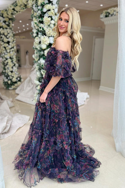 Flowy A Line Off the Shoulder Ruffle Prom Dress