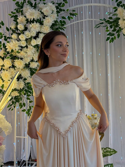 Pleated Off-The-Shoulder Fairytale Beaded Prom Dress With Scarf