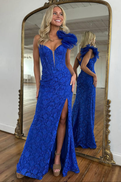 Mermaid One Shoulder Royal Blue Lace Long Prom Dress