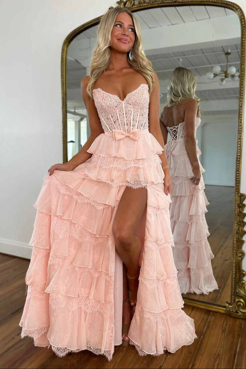 Princess A-Line Strapless Pink Ruffle Tiered Corset Long Prom Dress