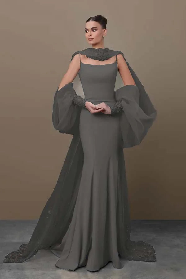 Chic Sky Blue Spaghetti-Straps Mermaid Prom Dress With Tulle Appliques Train