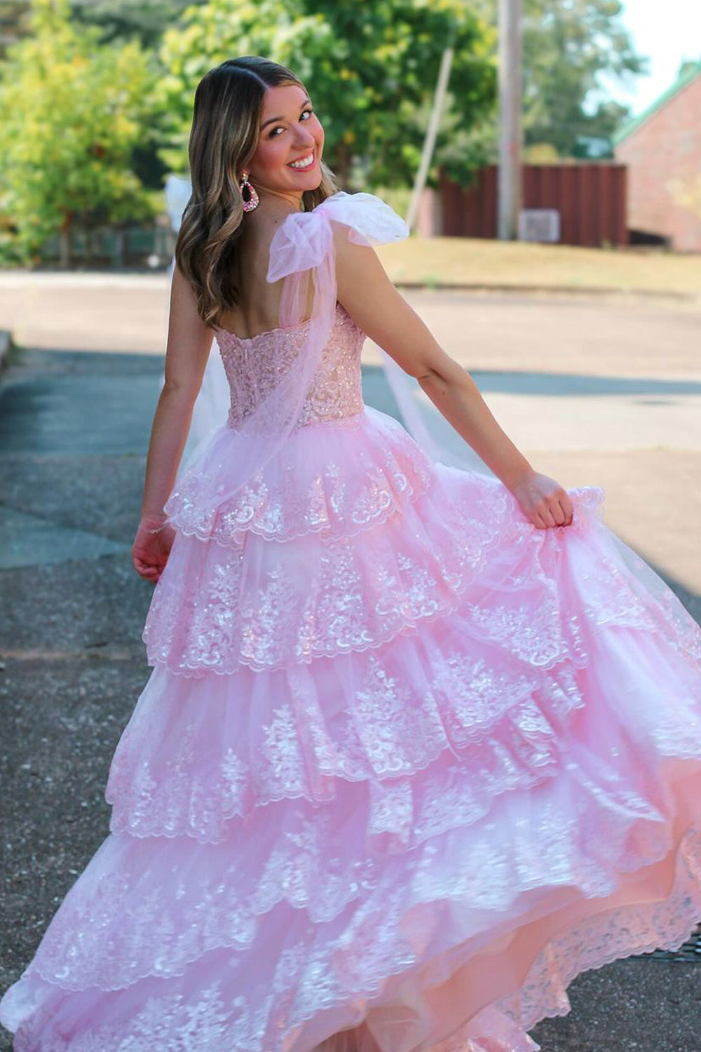 V-Neck Bows-Straps Sleeveless Sequined Applique Tulle Pleated Tiered A-Line Prom Dress