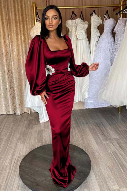 Glamorous Long Puff Sleeves Square Pleated Mermaid Prom Dress With Appliques