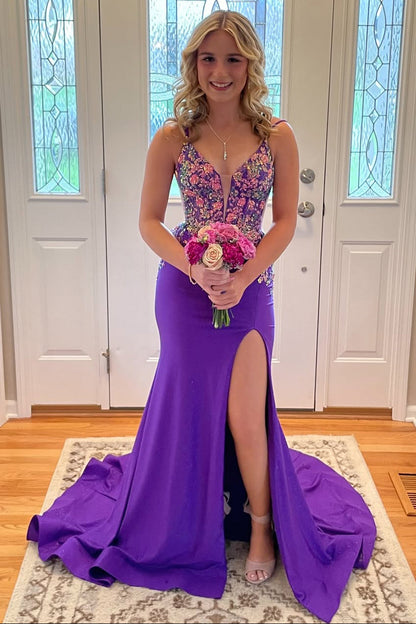 Gorgeous Mermaid V Neck Purple Satin Prom Gown