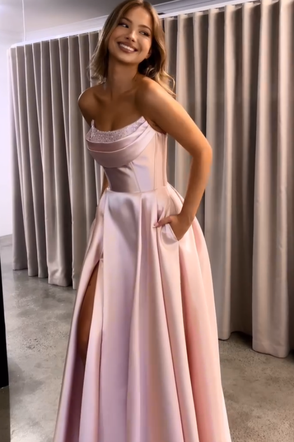 Candy Pink Split A-Line Prom Dress With Pockets