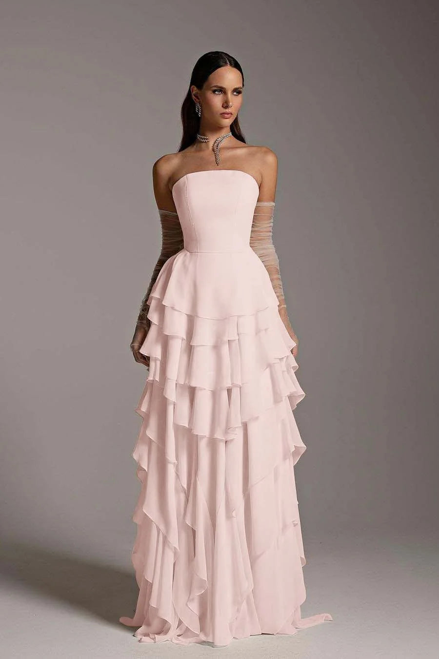 Chiffon Strapless Ruffles Elegant Prom Dress With Tulle Gloves