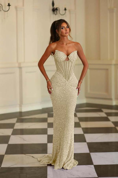 Strapless Sleeveless Long Mermaid Evening Formal Dress With Beading