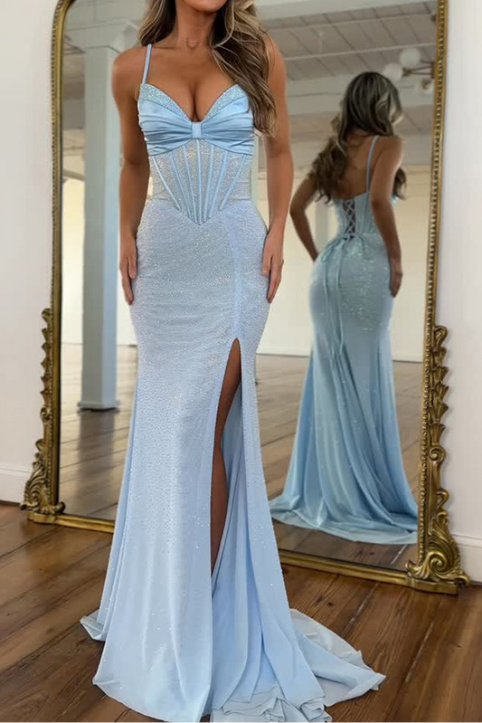 Charming Mermaid V Neck Light Blue Long Prom Dress