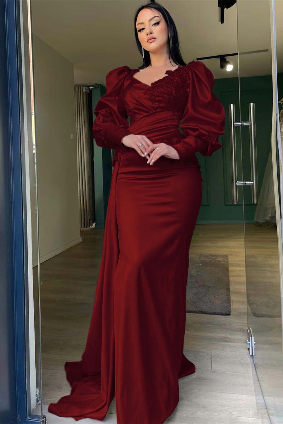 Long Puff Sleeves Pleated Mermaid Split Prom Dress