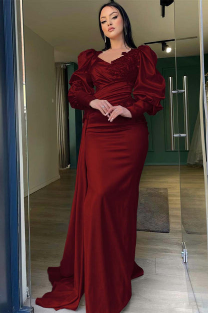 Long Puff Sleeves Pleated Mermaid Split Prom Dress