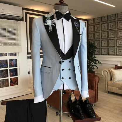 Fashion Black Peaked Lapel Formal Party Suit For Men Sky Blue With Three Pieces