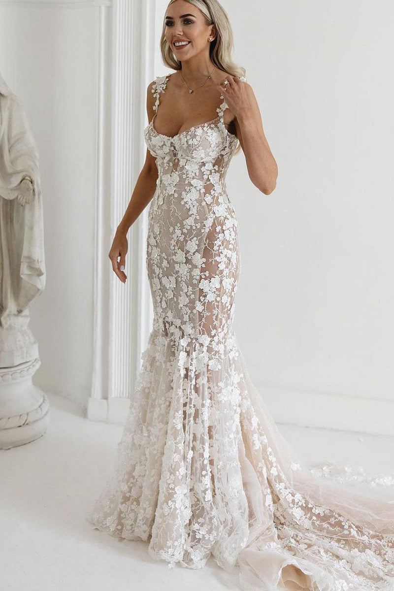 Charming Mermaid Sweetheart See Through Ivory Lace Wedding Dress