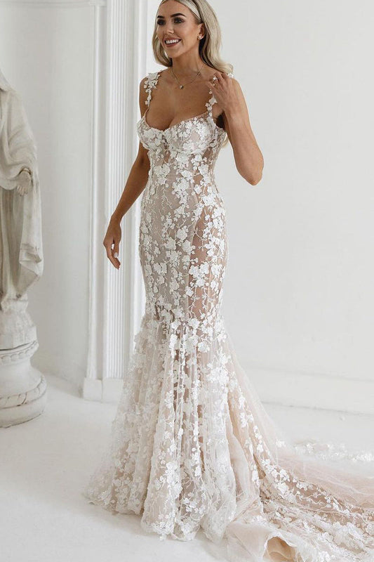 Charming Mermaid Sweetheart See Through Ivory Lace Wedding Dress
