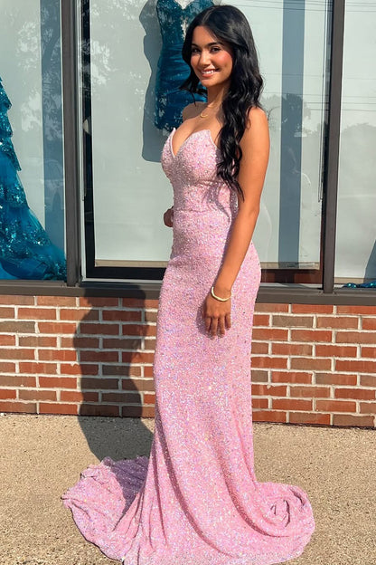 Mermaid Strapless Pink Sequins Long Prom Dress