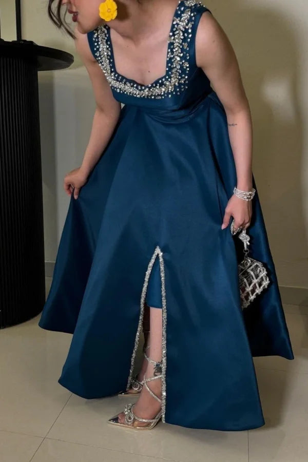 Ink Blue Beaded Square-Neck Split Prom Dress