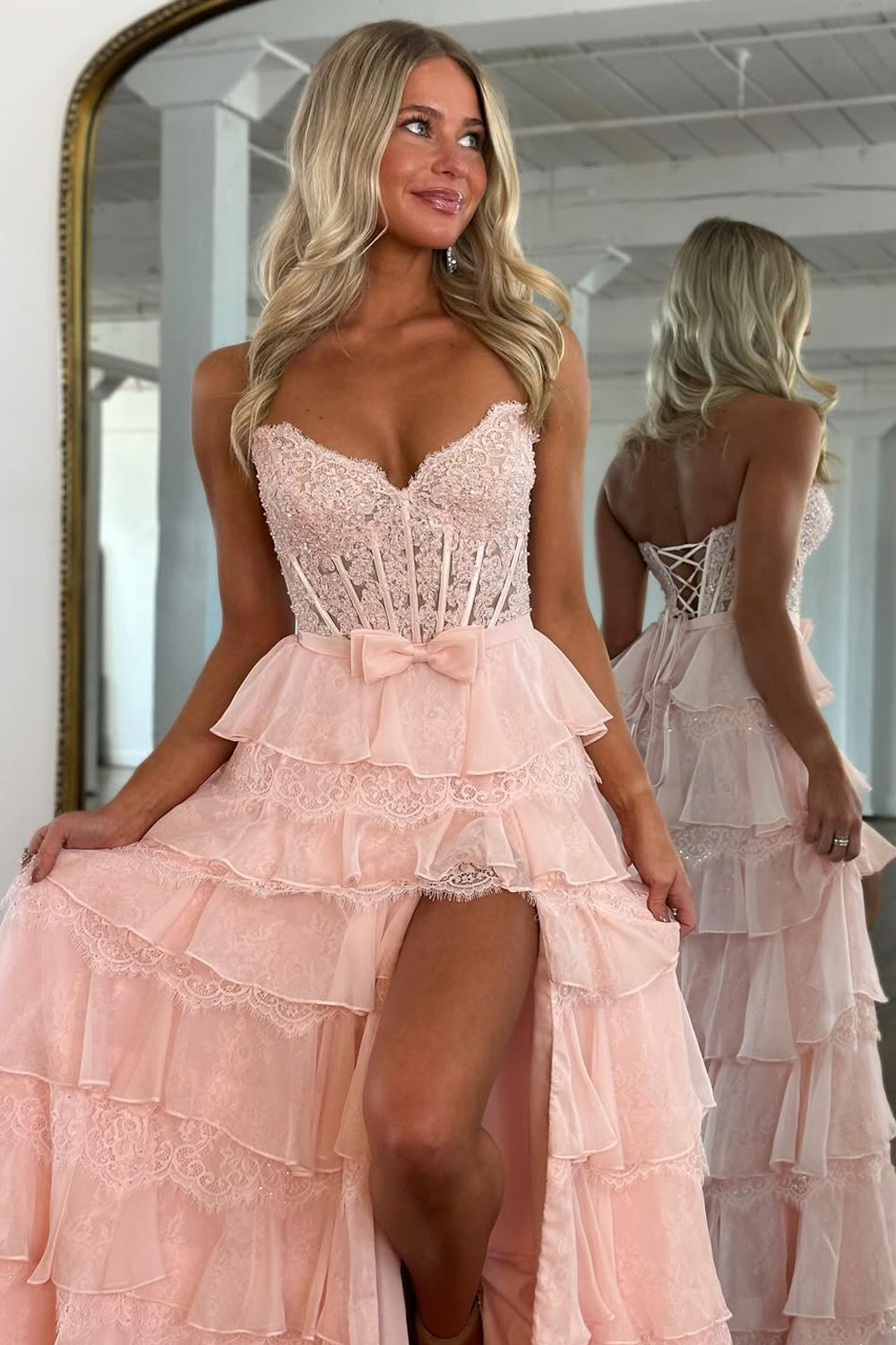 Princess A-Line Strapless Pink Ruffle Tiered Corset Long Prom Dress