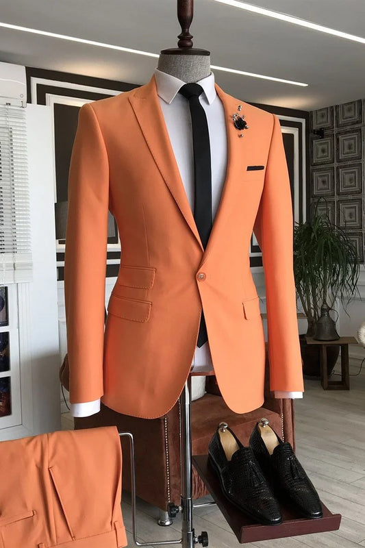 Shining Orange 3 Flaps Homecoming Suit For Men With Peaked Lapel Party