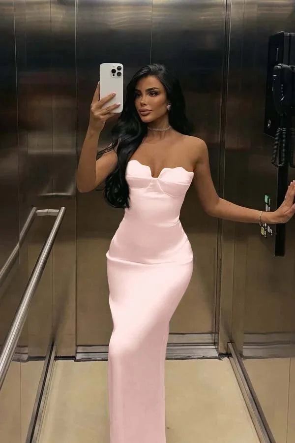 Ivory Back Slit Strapless Elegant Prom Dress