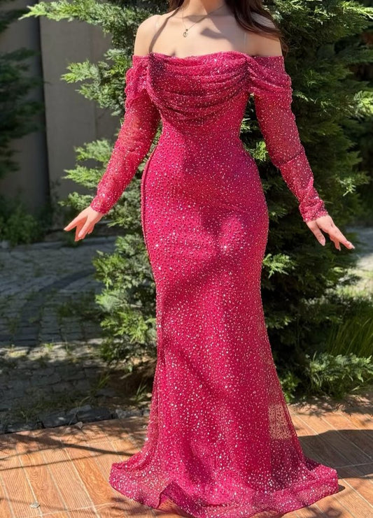 Shinning Mermaid Off The Shoulder Hot Pink Sequins