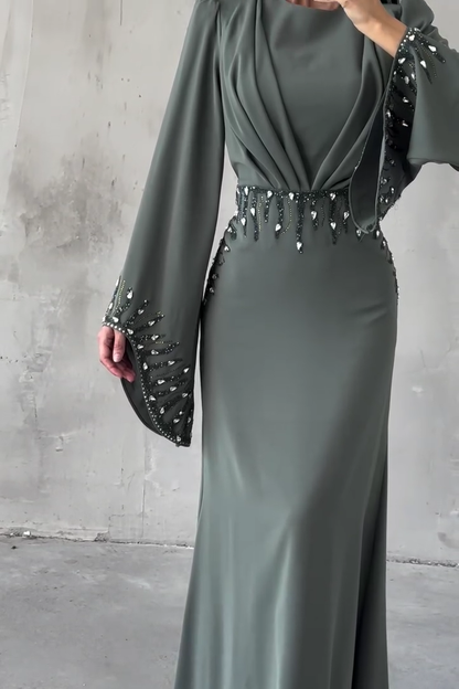 Hot Drilling Irregular Sleeve Pleated Party Maxi Dresses-Blue