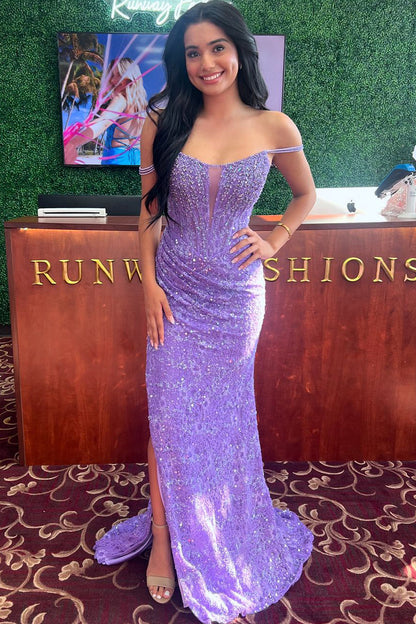 Charming Mermaid Scoop Neck Purple Lace Long Prom Dress