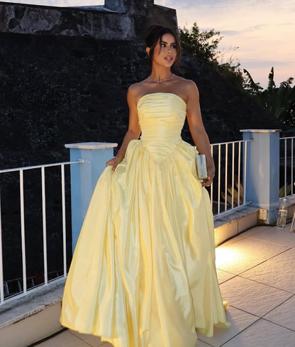Lovely Yellow Pleated Strapless Prom Dress