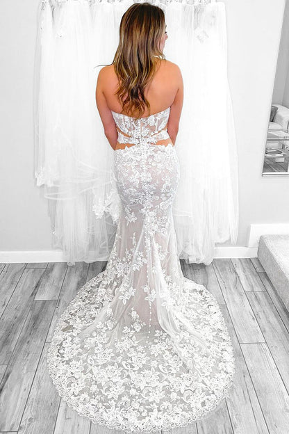 Sweetheart Sleeveless Allover Lace Applique Tulle Sweep Train Mermaid Wedding Dress
