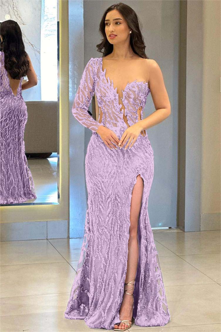One Shoulder One Long Sleeve Backless Mermaid Split Prom Dress