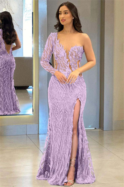 One Shoulder One Long Sleeve Backless Mermaid Split Prom Dress
