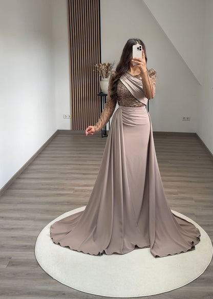 High Neck Long Sleeves Sequins Ruched Evening Dress