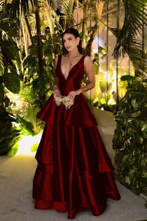 Peacock V-Neck Three-layer Ruffles Elegant Prom Dress