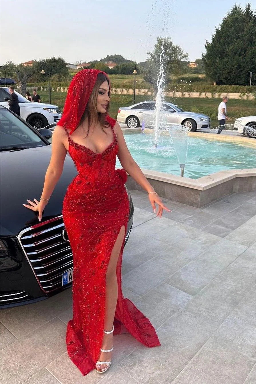 Classic Red Spaghetti Straps V Neck Sequins Prom Dress with Split