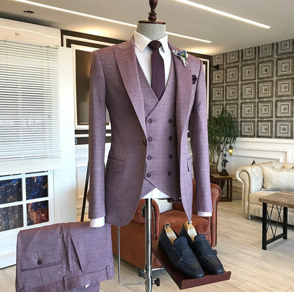 Purple One Button New  Groomsmen Outfits With Small Plaid Peaked Lapel