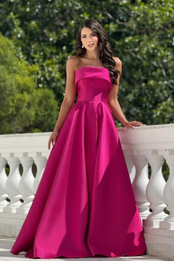 Fuchsia A-Line Strapless Folded Neckline Prom Dress ZT0741
