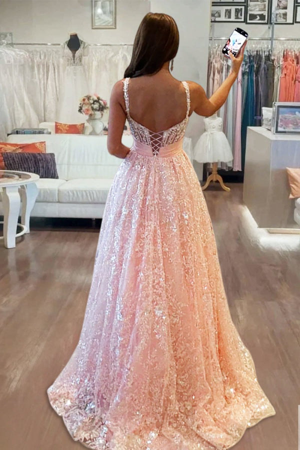 Sparkly A-Line Pink Corset Sequin Lace Long Prom Dress