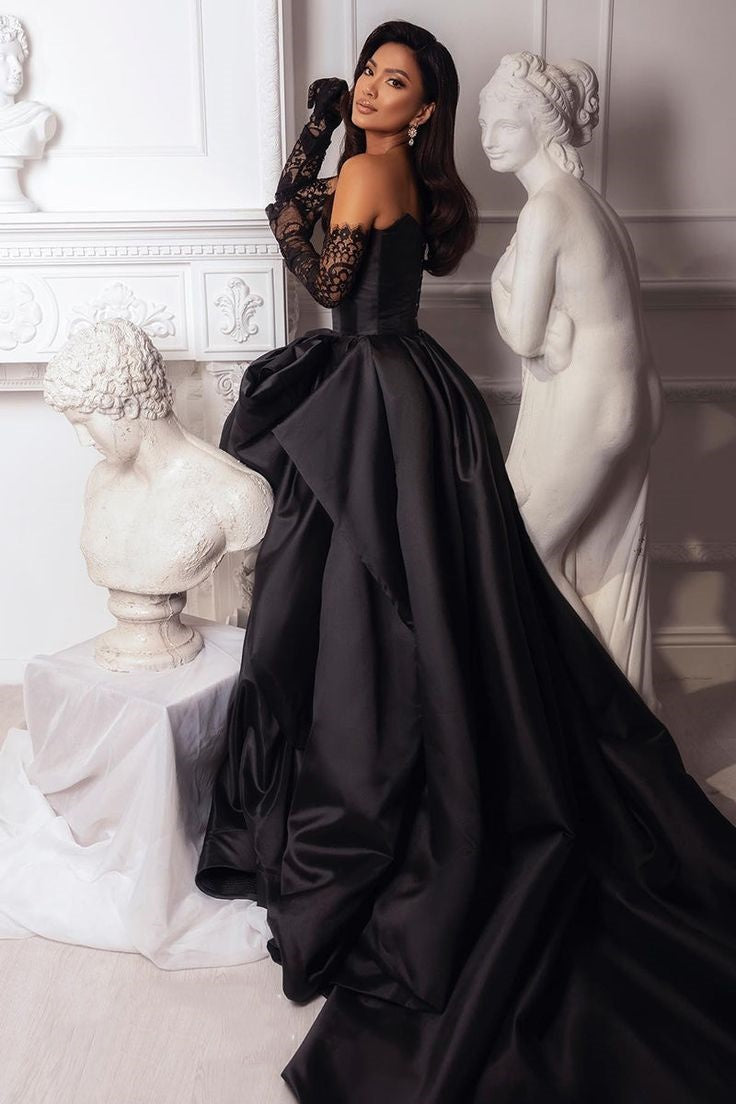 Black sexy taffeta slit long elegant ball gown evening dress