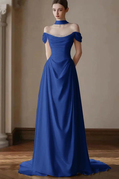 Elegant Off-the-Shoulder Prom Dress Pleated A-Line with Beaded