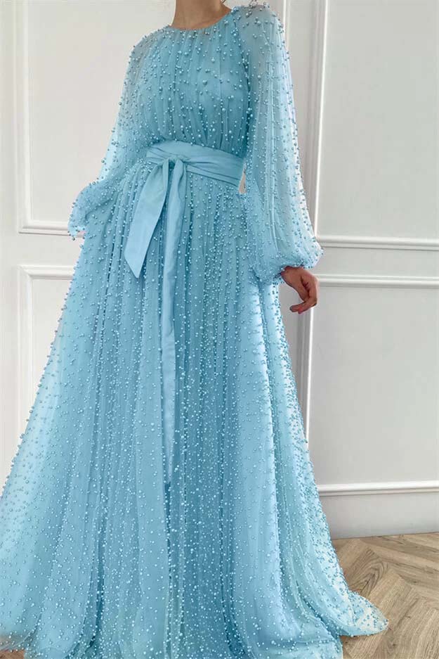 Long Sleeves Long Jewel Neck Prom Dress With Pleated Beading