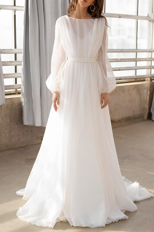 Long-Sleeves Tulle Pleated Sheer A-Line Wedding Dress with Train