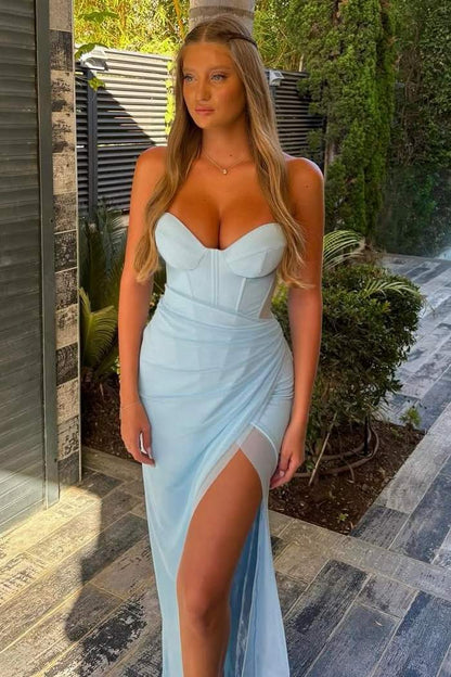 Sheath Strapless Blue Satin Long Formal Prom Dress