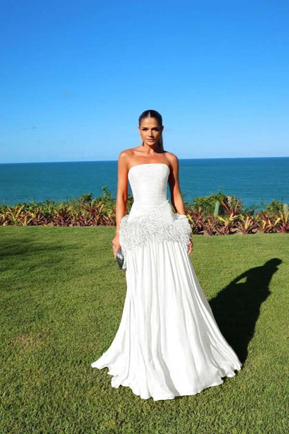 Chiffon Strapless Sleeveless Long A-Line Prom Dress With Pleated And Feathers