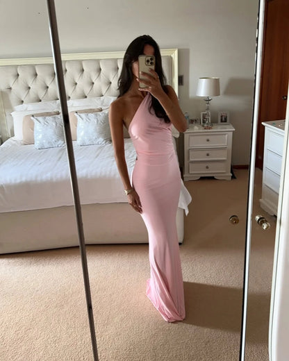 Pink One-Shoulder Slim Fit Prom Dress